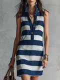 Bohemian Resort Nautical Stripe Button Halter Mini Dress