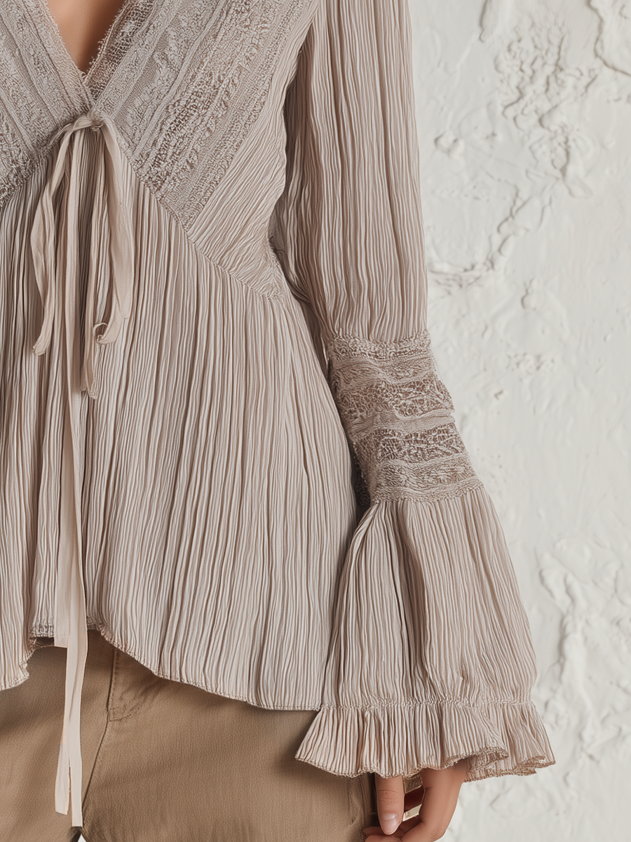 Delicate Beige Pleated Tie-Front Blouse