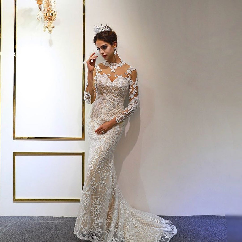Daisda Gorgeous A-Line Sweetheart Long Sleeves Floor-length Wedding Dress With Appliques Lace
