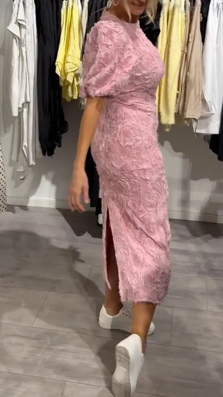Pink 3D Floral Puff‑Sleeve Midi Dress
