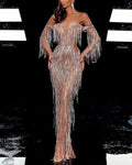 Luxe Gold Crystal Rhinestone Sequined Tassel Mini Dress