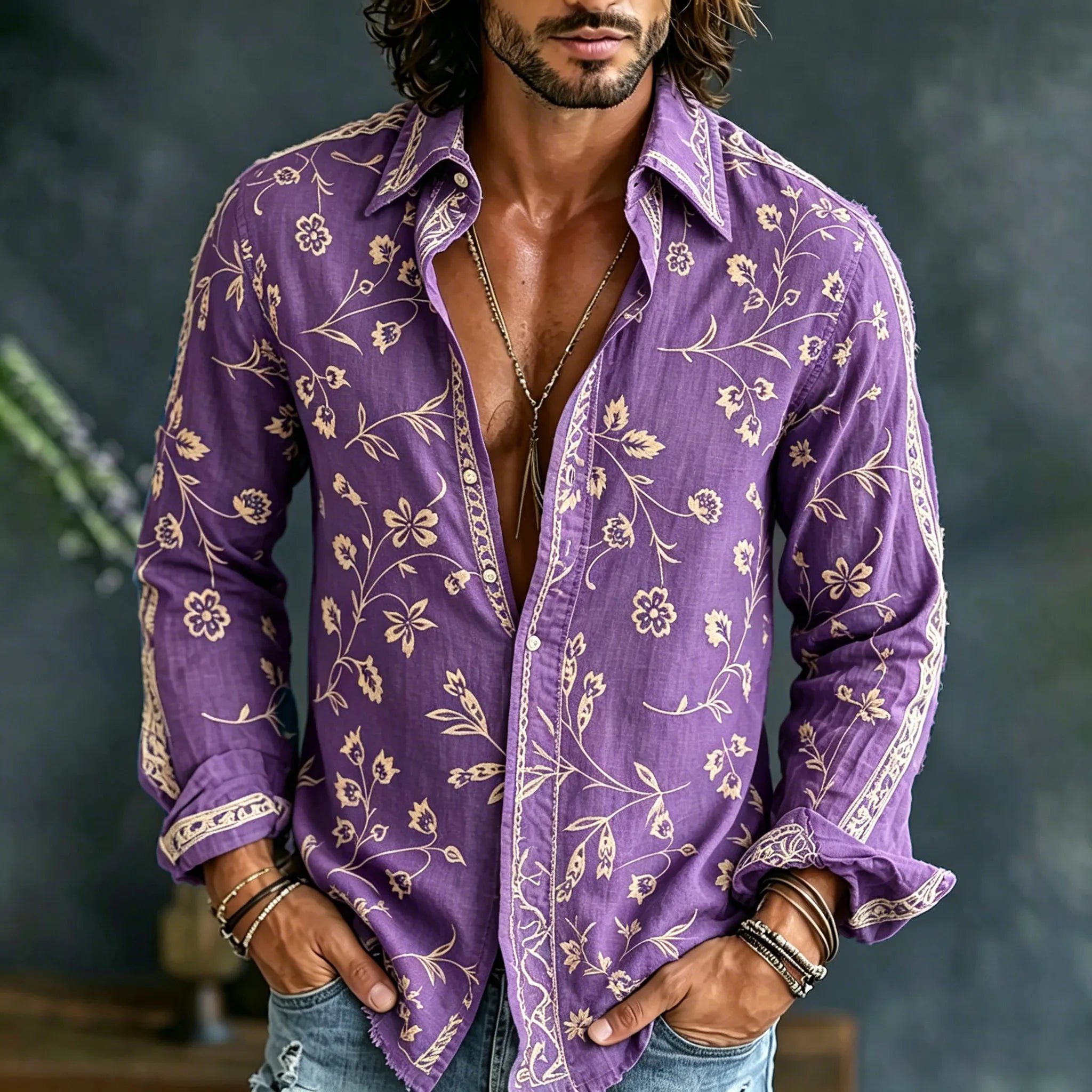 Men's Vintage Spring Floral Embroidered Art Print Flowy Linen Blend Casual Shirt