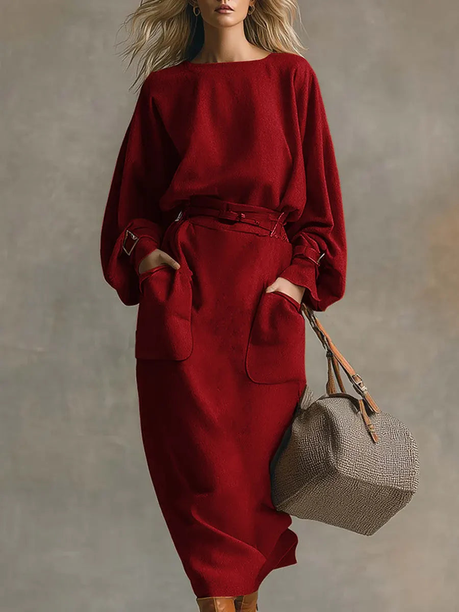 Women's Solid Color Round Neck Long Sleeve Casual Loose Dress