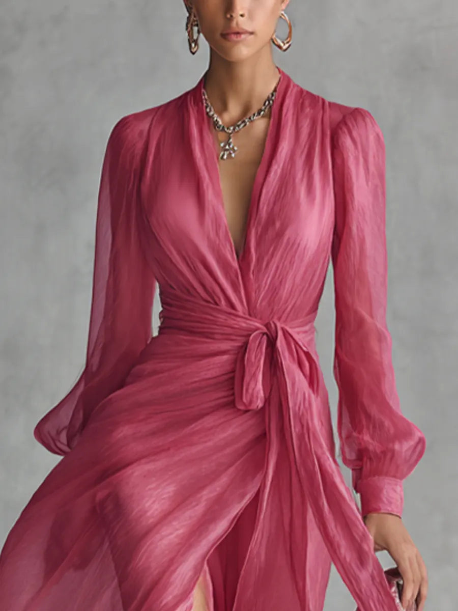 Women's Elegant Rose Pink Pearl Chiffon V-neck Tie-waist Long Dress MDZ1925A7BA