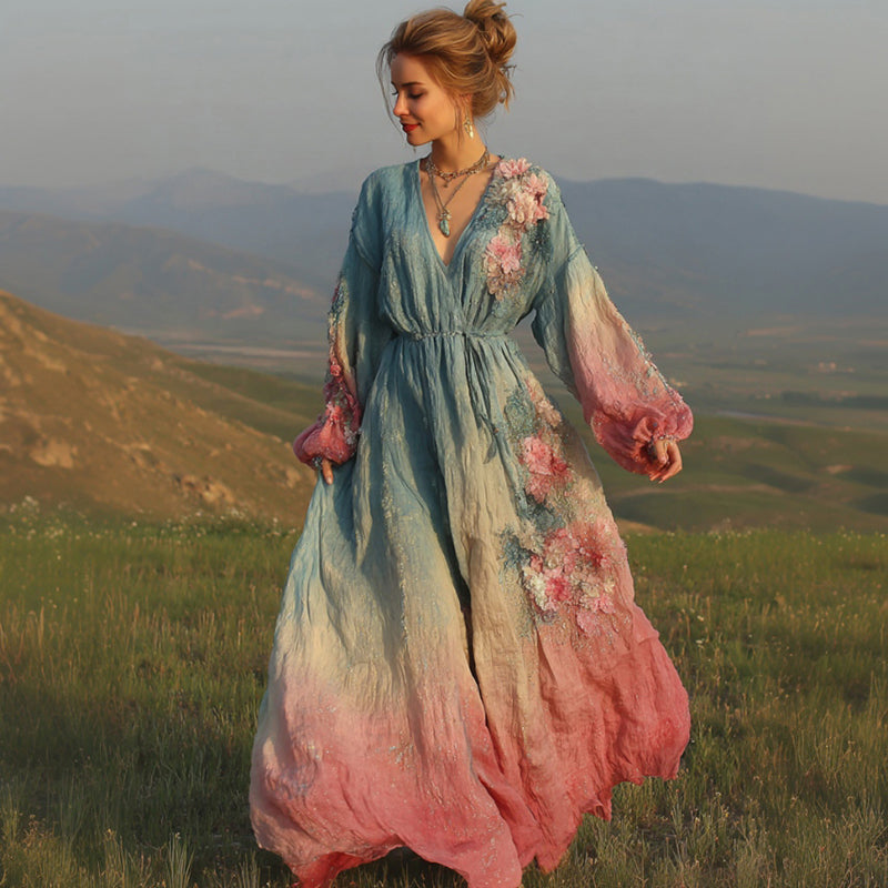 Women's Retro Bohemian Style Artistic Floral V-neck Long Dress.