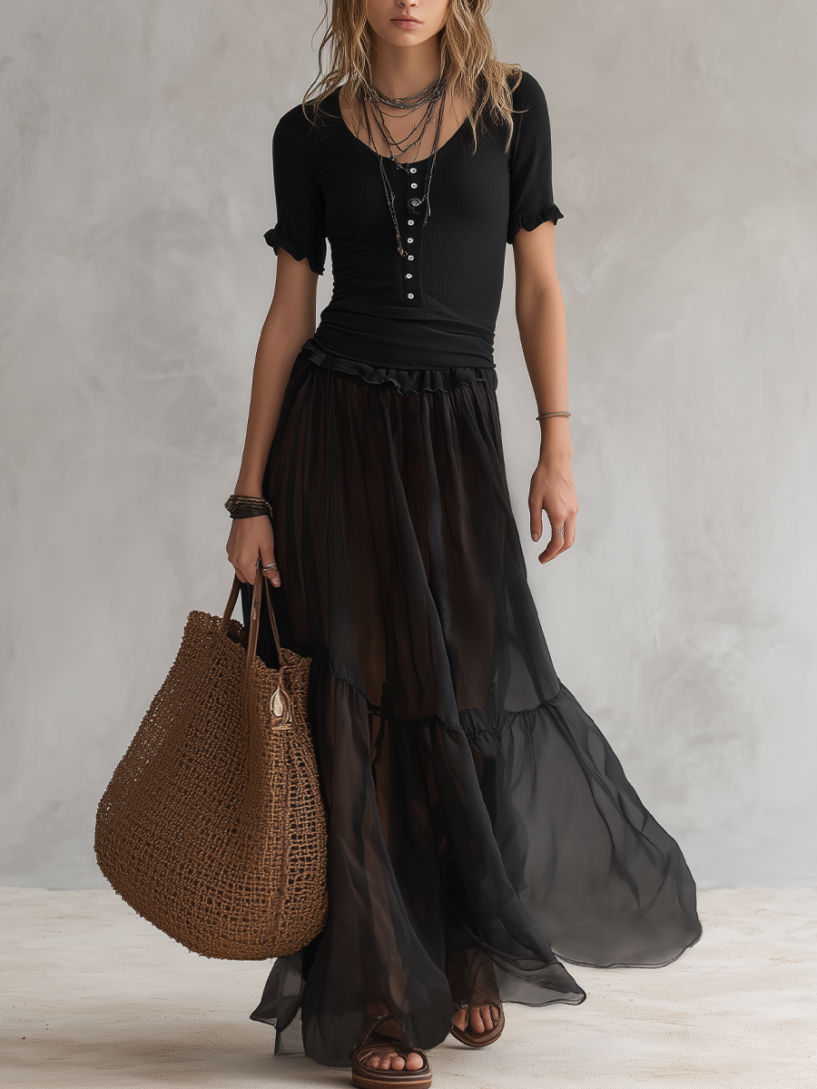 Minimal Henley And Sheer Maxi Dress