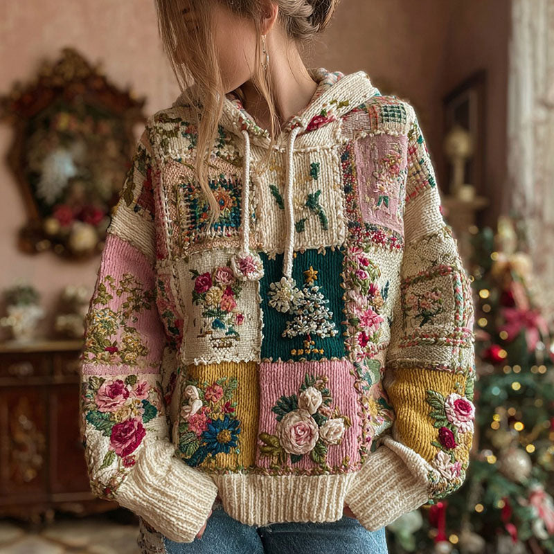 Women's Christmas Tree And Floral Pattern Knitted Hooded Sweater