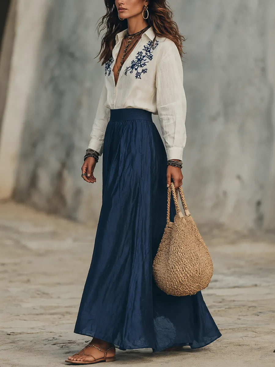 Elegant Ivory Embroidered Blouse & Navy Maxi Skirt Set