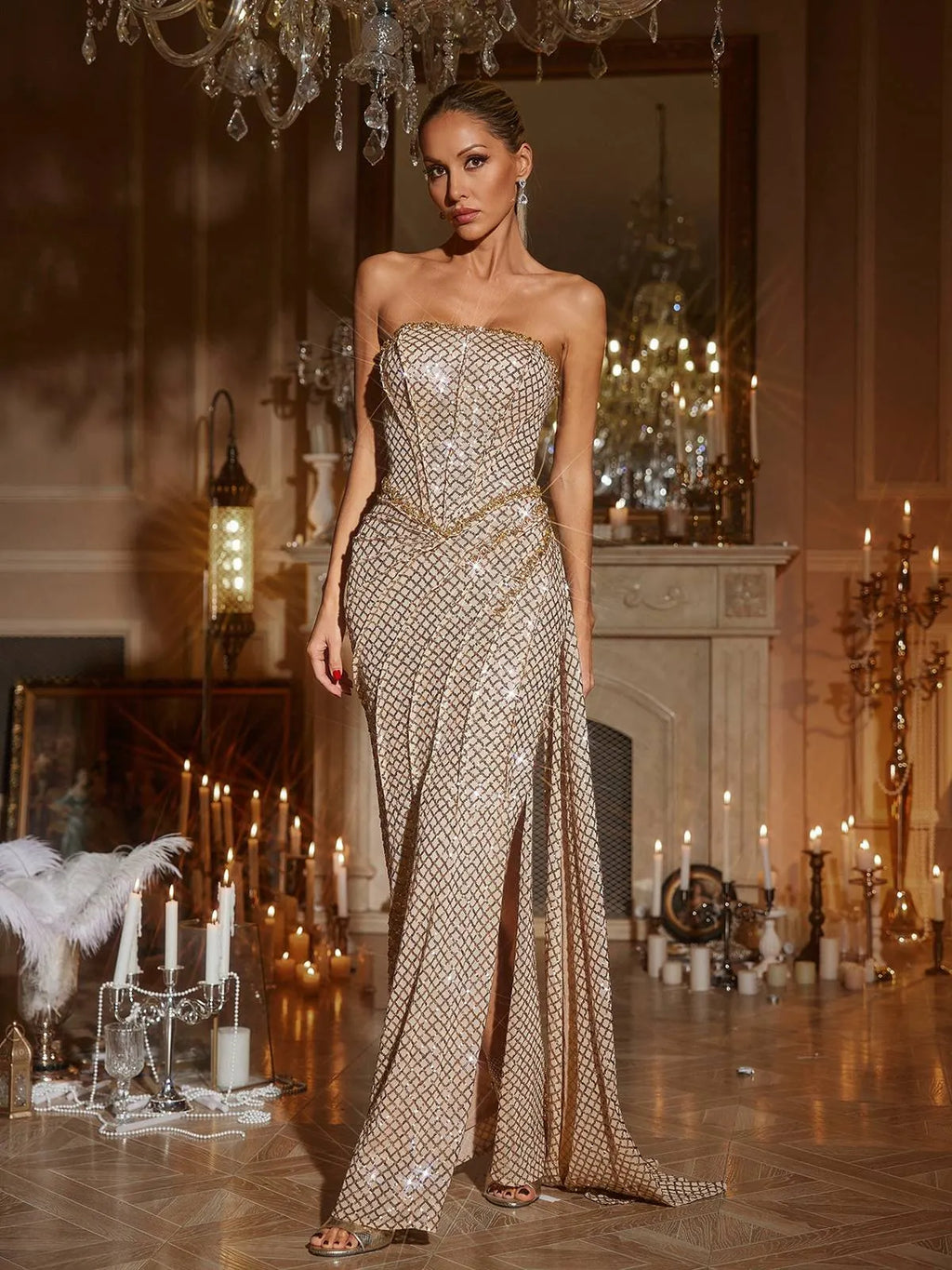Glein Strapless Ruched Sequin Maxi Dress