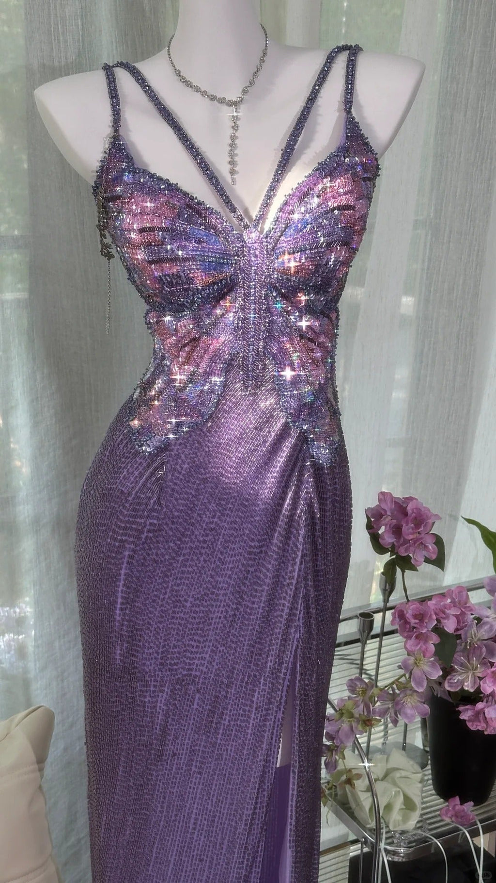 Purple Shiny Gorgeous Luxury Sequin Heavy Spaetti Strap Long Butterfly Decoration Sequin Chiffon Ball Gown Evening Gown Party Dress 4175