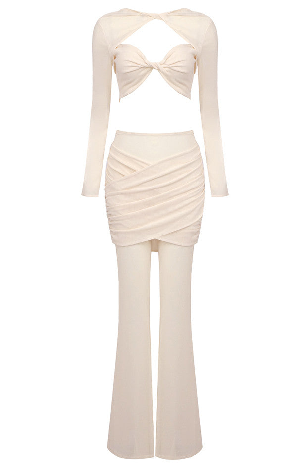 Long Sleeve Draped Two Piece Jumpsuit Nude