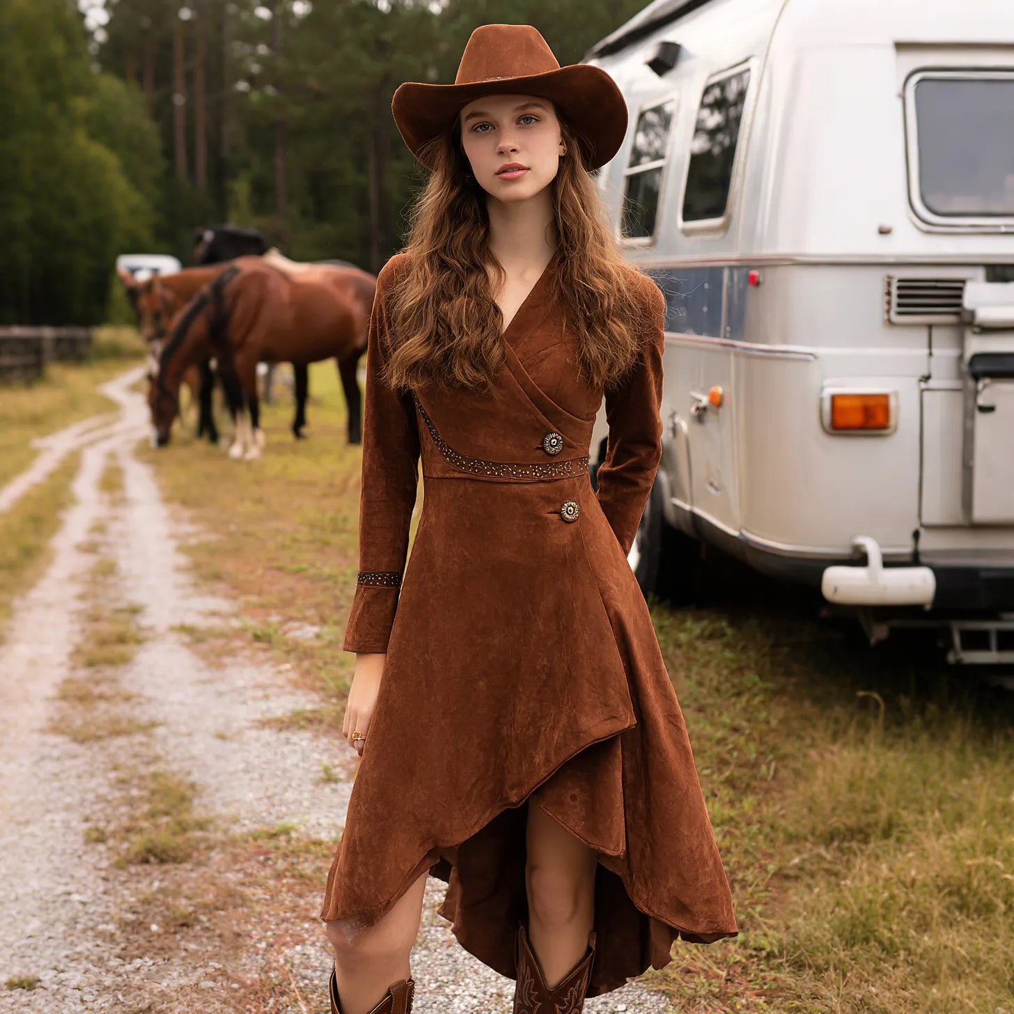 Women's Retro Western Suede Side Button Design Irregular Cut V-Neck Long Sleeve Dress