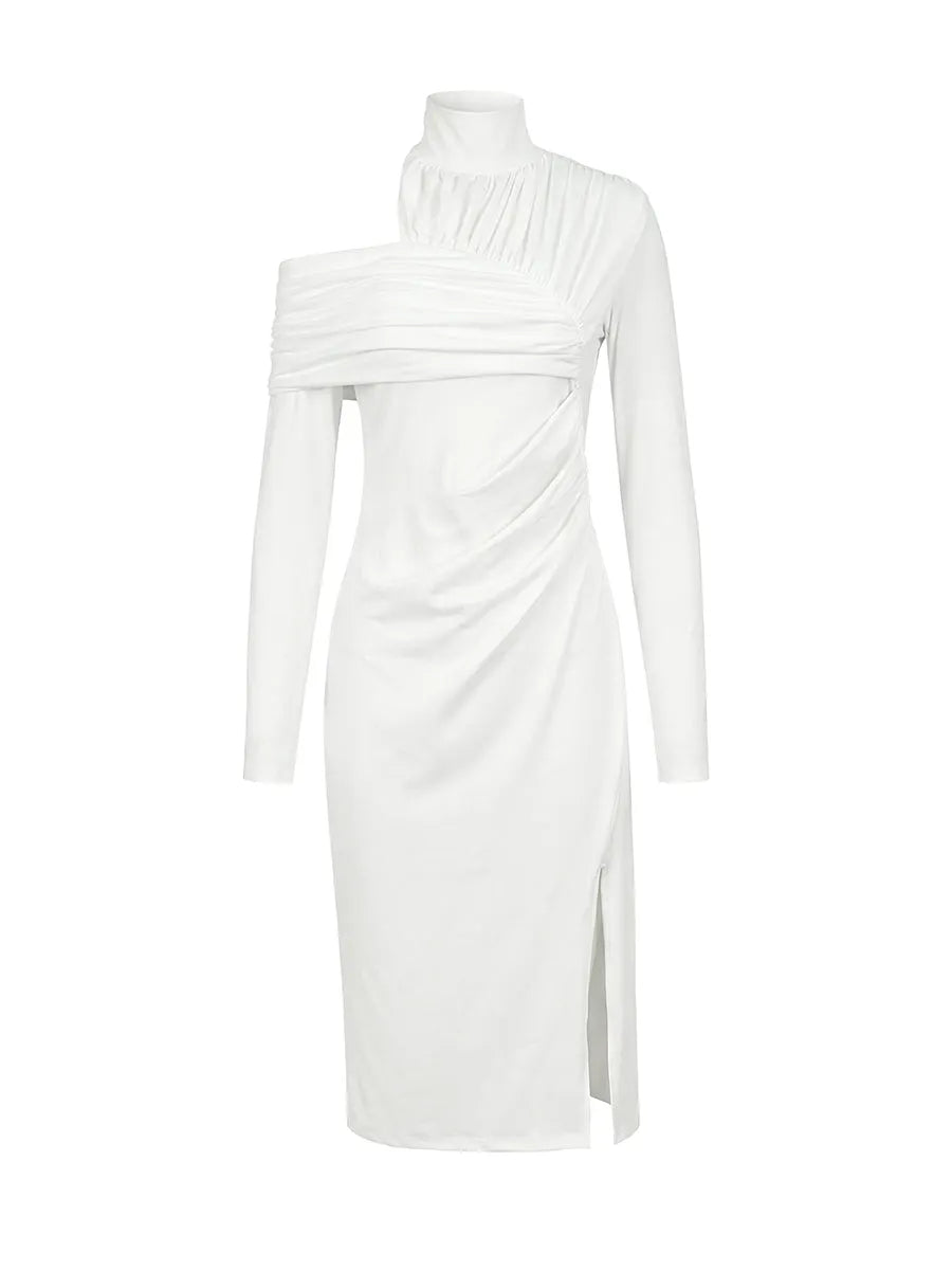 Asymmetric Pleated Solid Color Split-Front Split-Joint Split-Side High Neck Midi Dresses