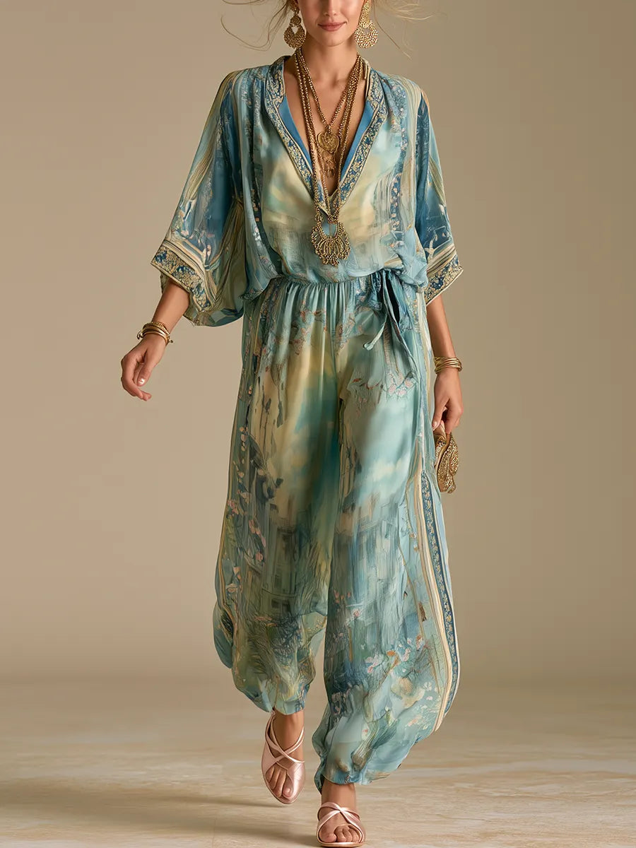 Turquoise Baroque Print Jumpsuit