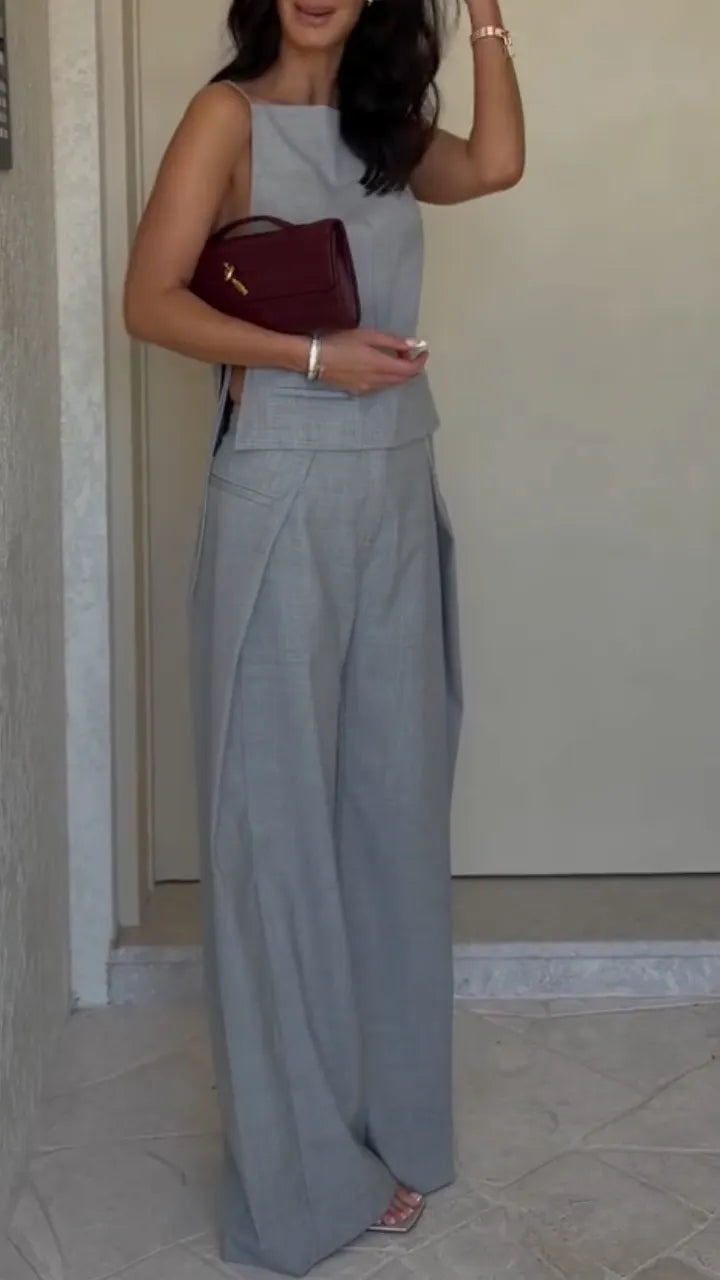 Gray Cami Top Wide Leg Pants Two Piece Set