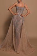 Nude & Silver Rhinestone Strappy Mermaid Maxi Dress