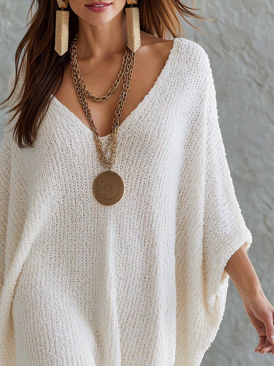 Effortless Chic Knit Deep-V Batwing Oversized Ivory Poncho Sweater