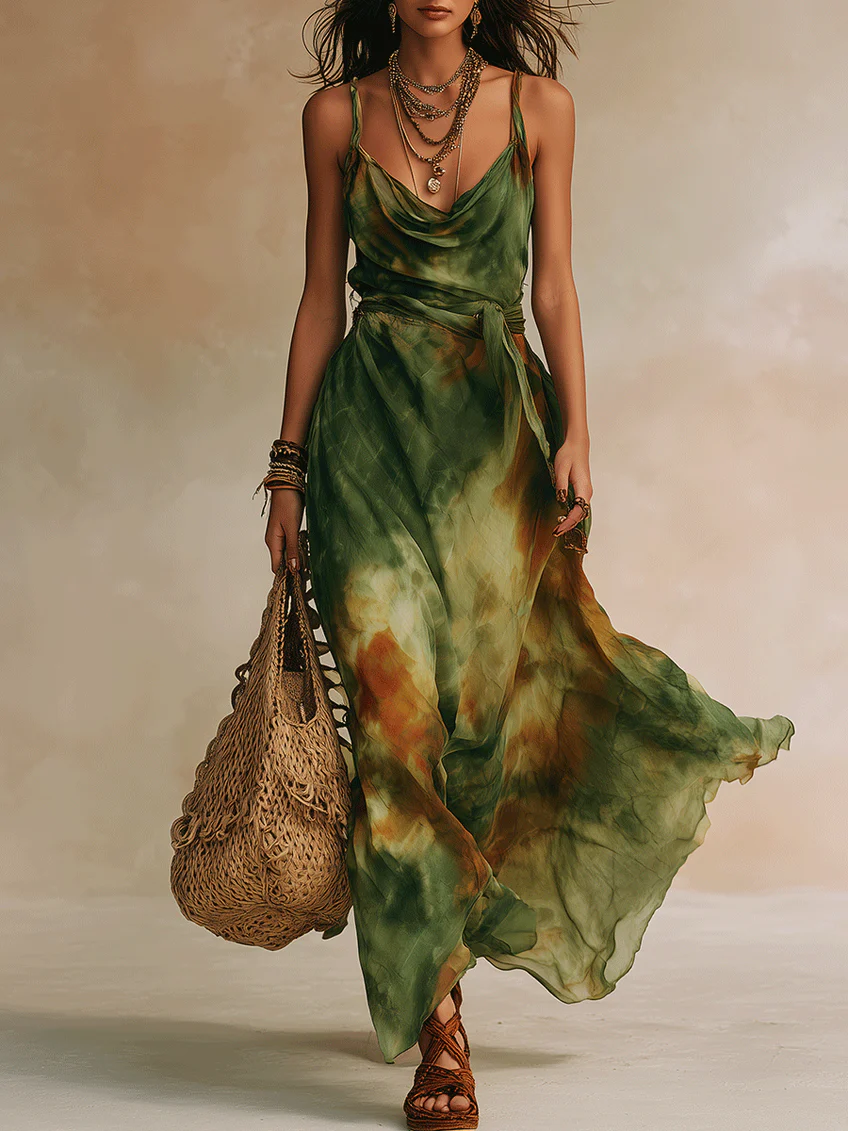 Green Abstract Print Halter Neckline Spaghetti Strap Tie-up Maxi Dress