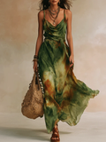 Green Abstract Print Halter Neckline Spaghetti Strap Tie-up Maxi Dress