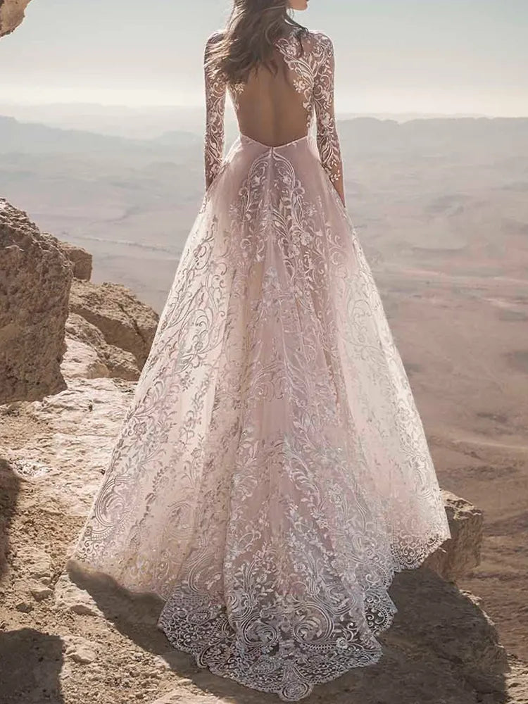 Sexy Deep V-Neck Lace See-Through Backless Empire A-Line Wedding Maxi Dress