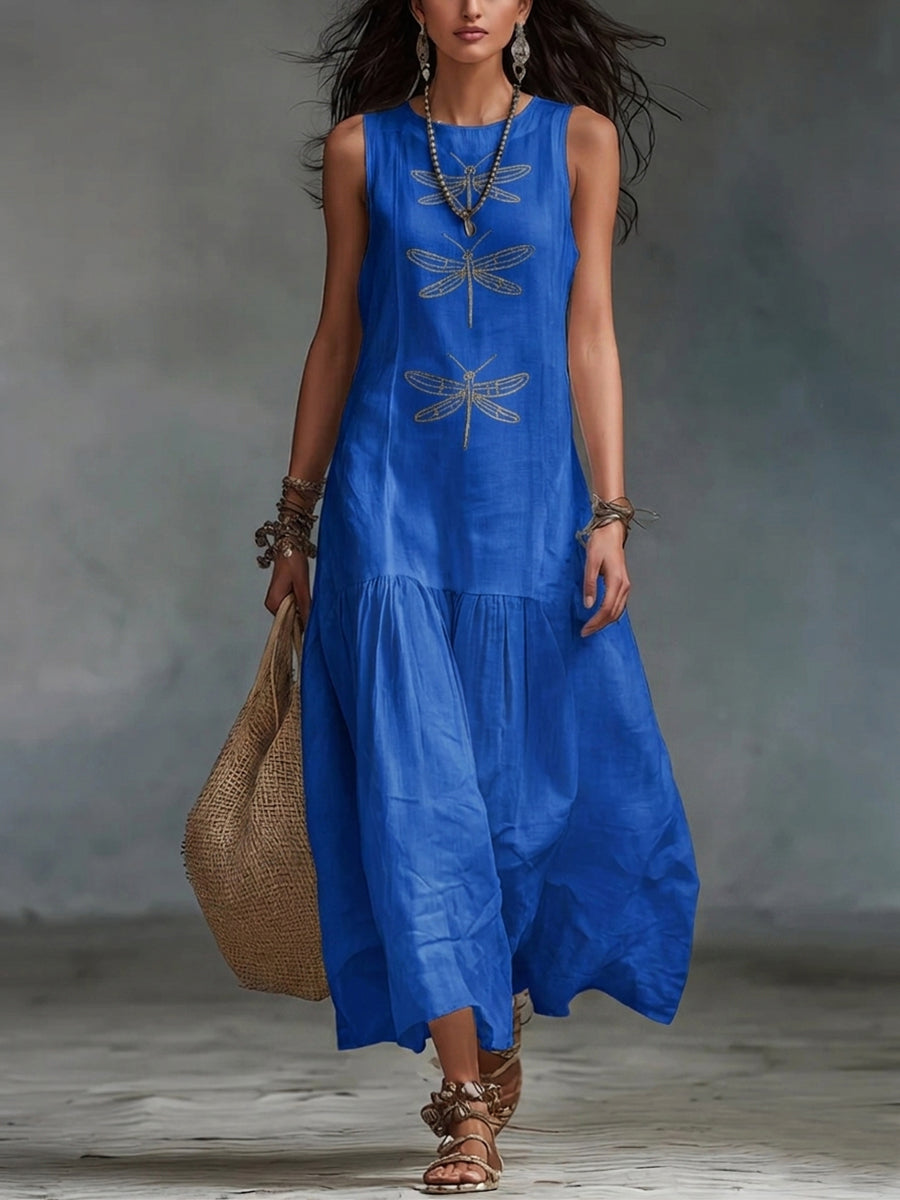 Retro Boho Dragonfly-print Cotton-linen Maxi Dress