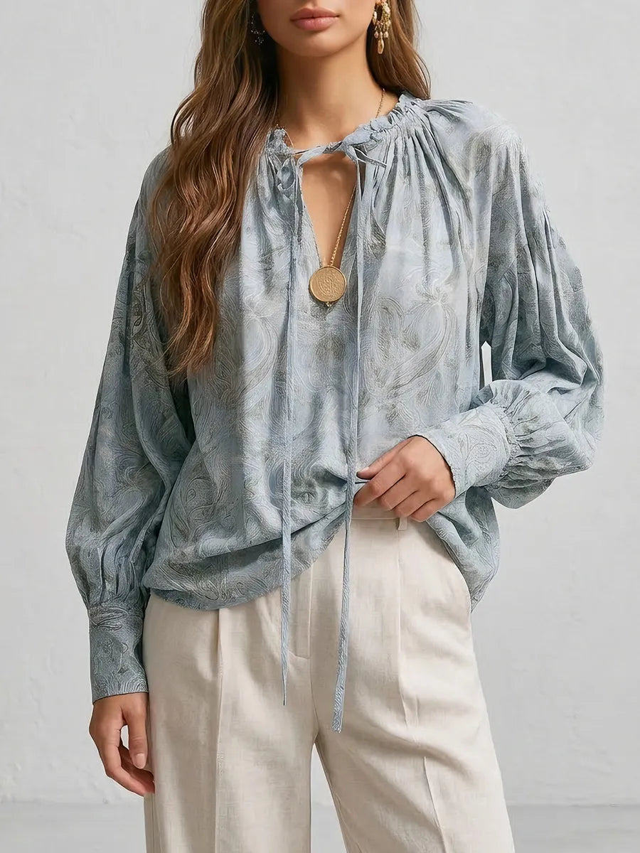 Boho Lace-Up V-Neck Balloon Sleeve Flowy Top