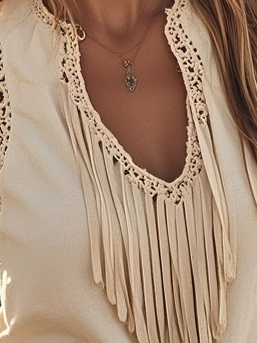 [24-hour shipping out]Retro Western Style Lace Tassel Sleeveless Cotton And Linen Tank Top