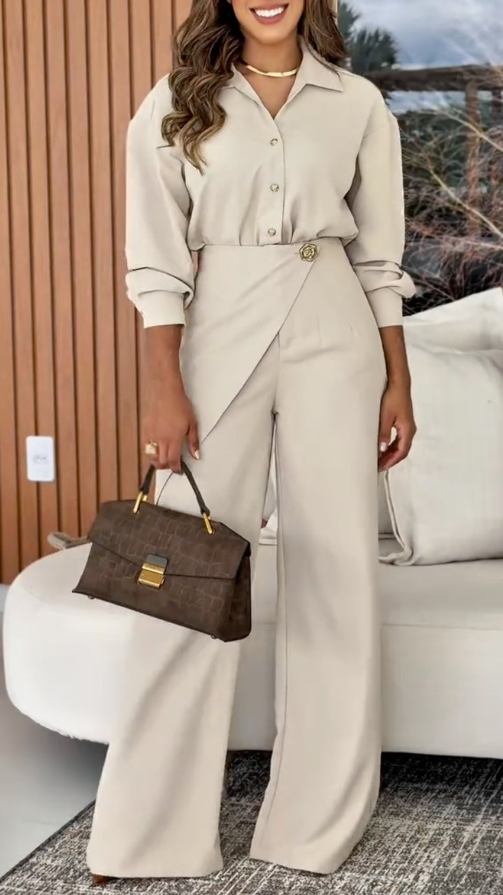 Collared Shirt & Wrap‑Waist Wide Leg Pants Co‑Ord Set