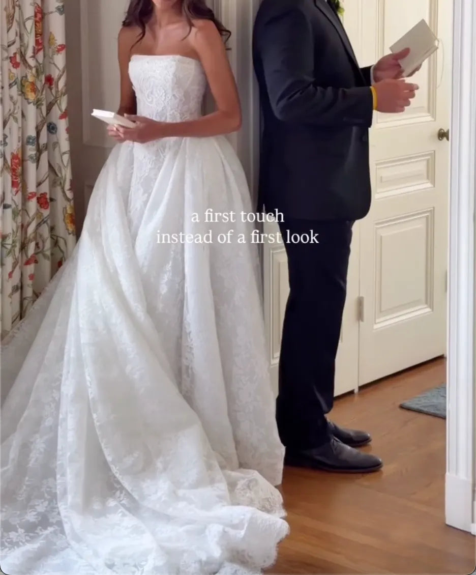 Strapless Floral Lace A-Line Wedding Dress Fitted Corset Bridal Gown With Chapel Train