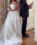 Strapless Floral Lace A-Line Wedding Dress Fitted Corset Bridal Gown With Chapel Train