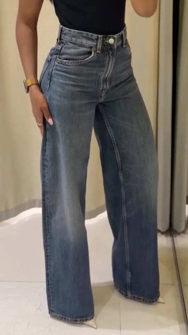 Dark Blue Vintage Wash Wide-Leg Jeans