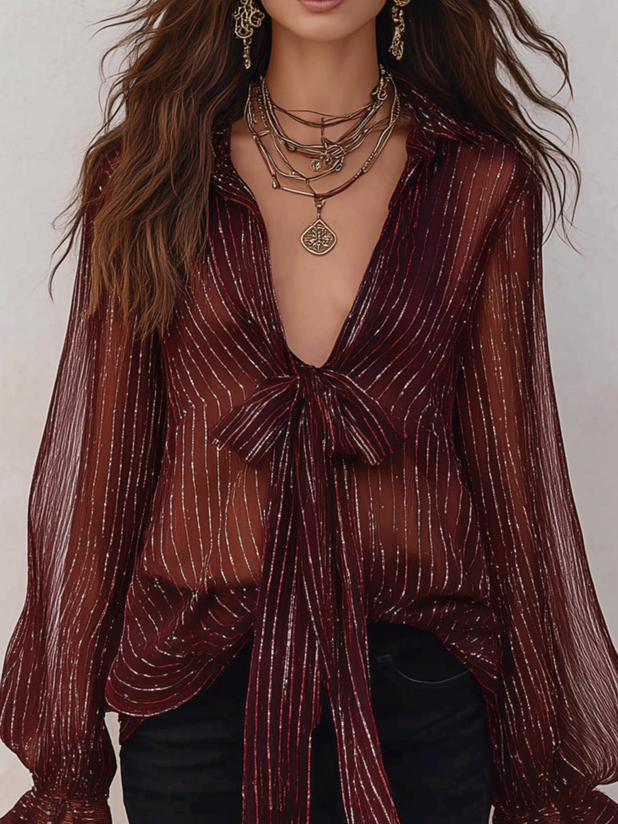 Bohemian Shimmer Stripe Resort Burgundy Tie-Front Blouse