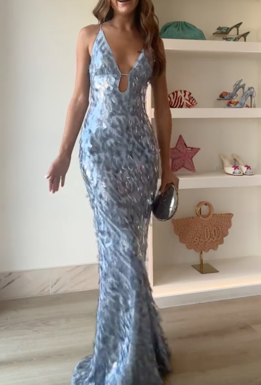Ice Blue Ombre Waterdrop Sequin Halter Cutout Mermaid Maxi Dress