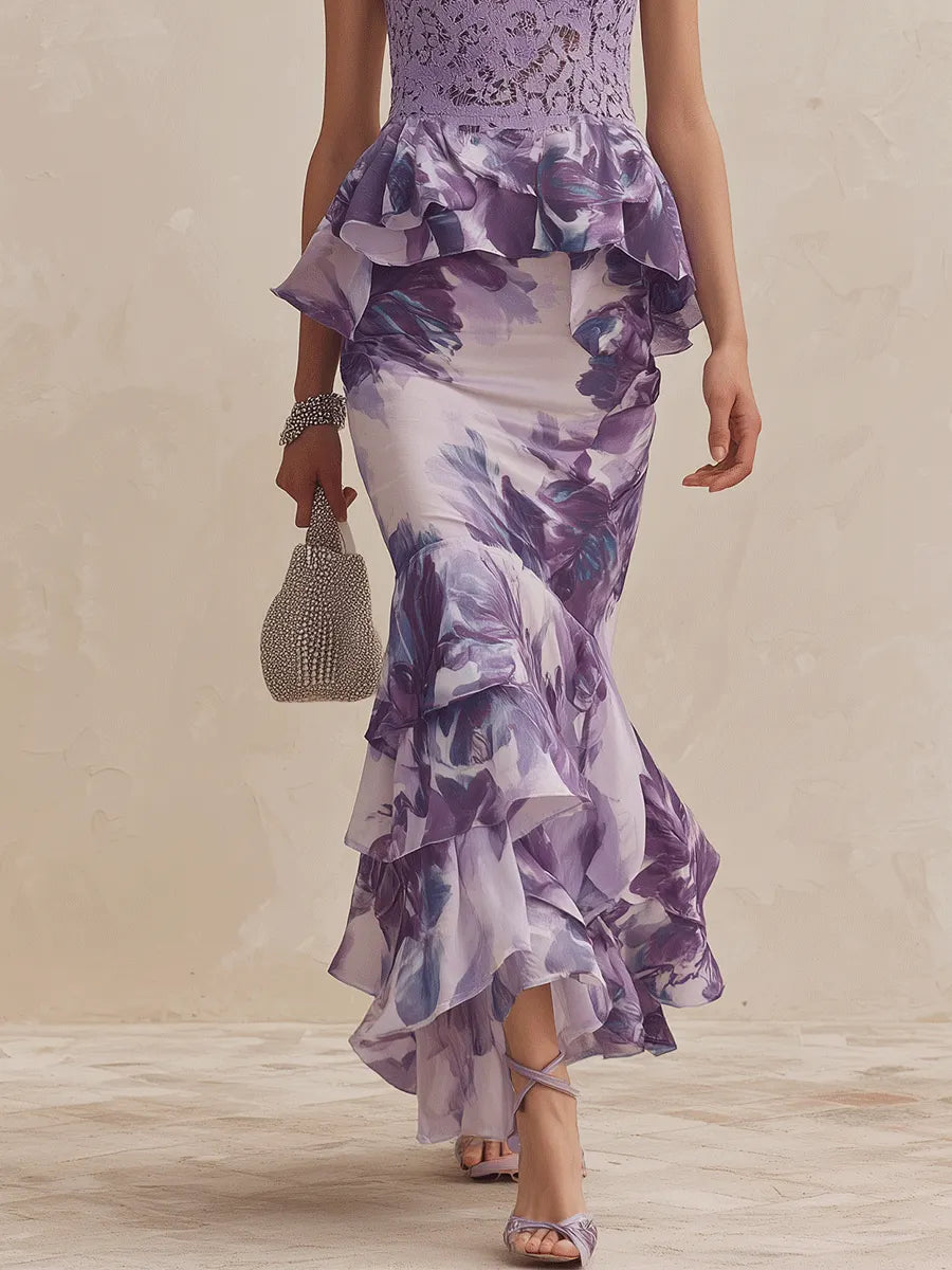 Romantic Elegant Lace-Bodice Floral Ruffle Mermaid Lavender Top And Skirt Set
