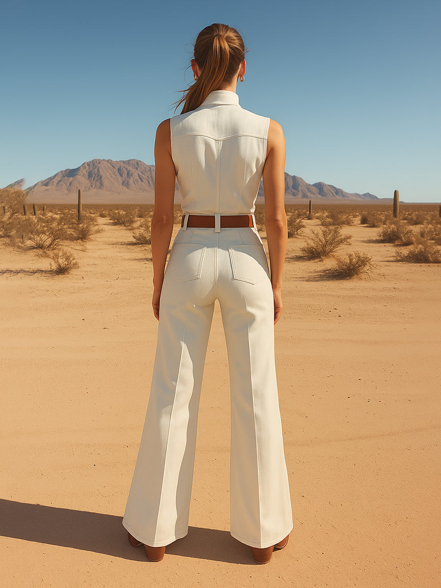 [24-hour shipping out]Retro Western Style Embroidered Stand Collar Sleeveless Wide Leg Jumpsuit
