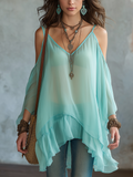 Bohemian Light Blue Chiffon Ruffled Top