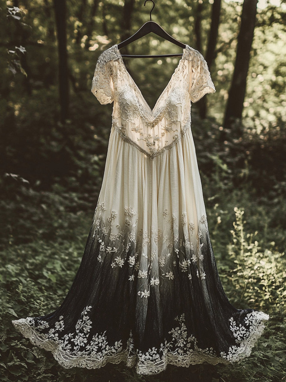 Floral Embroidered Pattern Linen Contrast Color Short Sleeve Dress