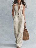 Bohemian Linen Resort Ivory Halter Button-Front Jumpsuit