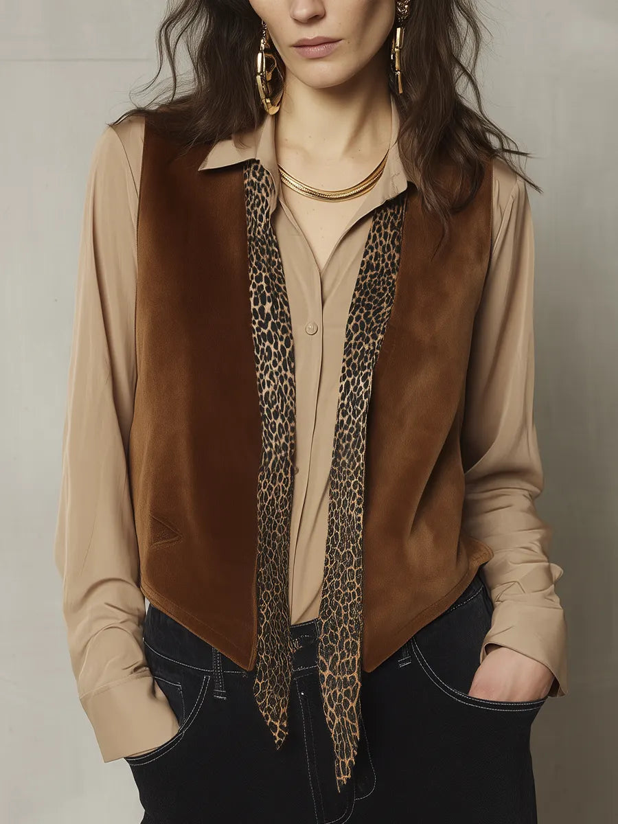 Refined Camel Suede Leopard Accent Two-Piece Set