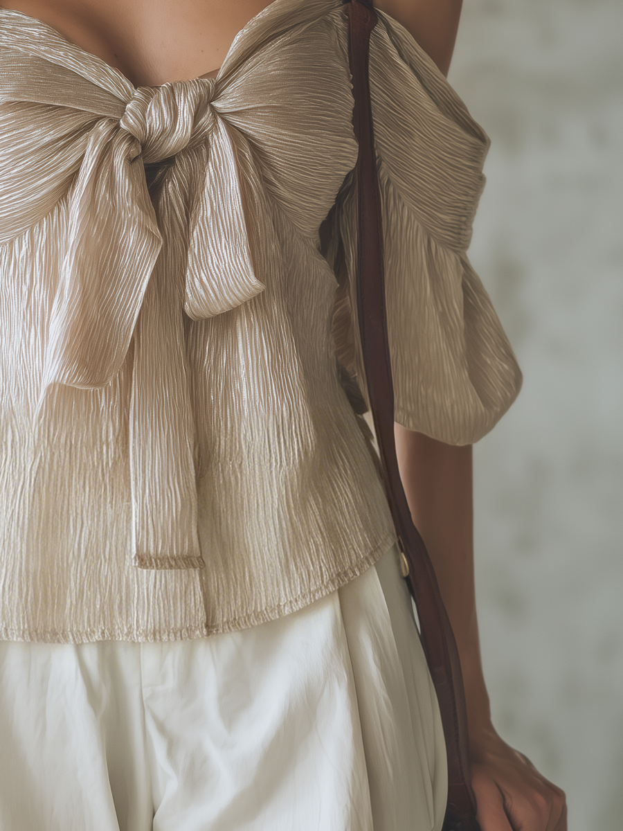 Elegant Champagne Bow Front Off Shoulder Blouse
