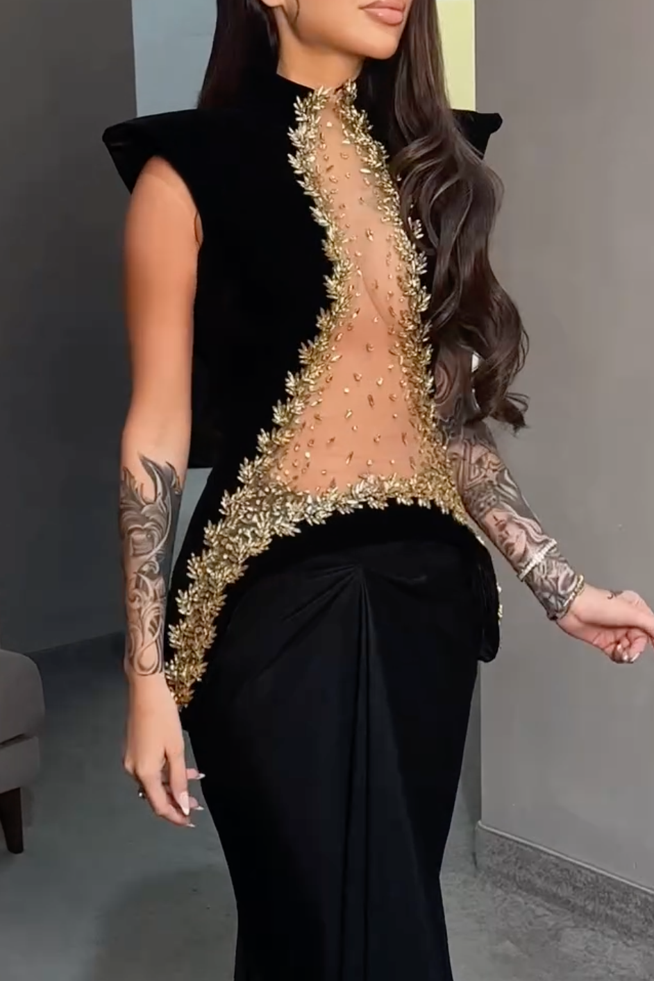 Black & Gold Beaded Sheer Mermaid Maxi Dress
