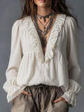 Effortless Zip-up Collar Ruffled Cotton Linen Blouse