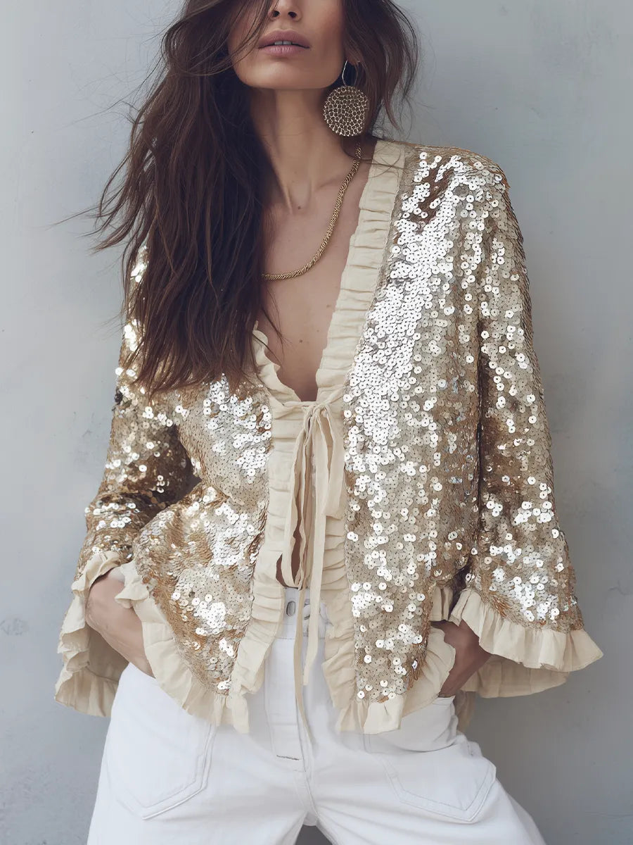 Elegant Champagne Sequin Ruffle Tie-Front Blouse