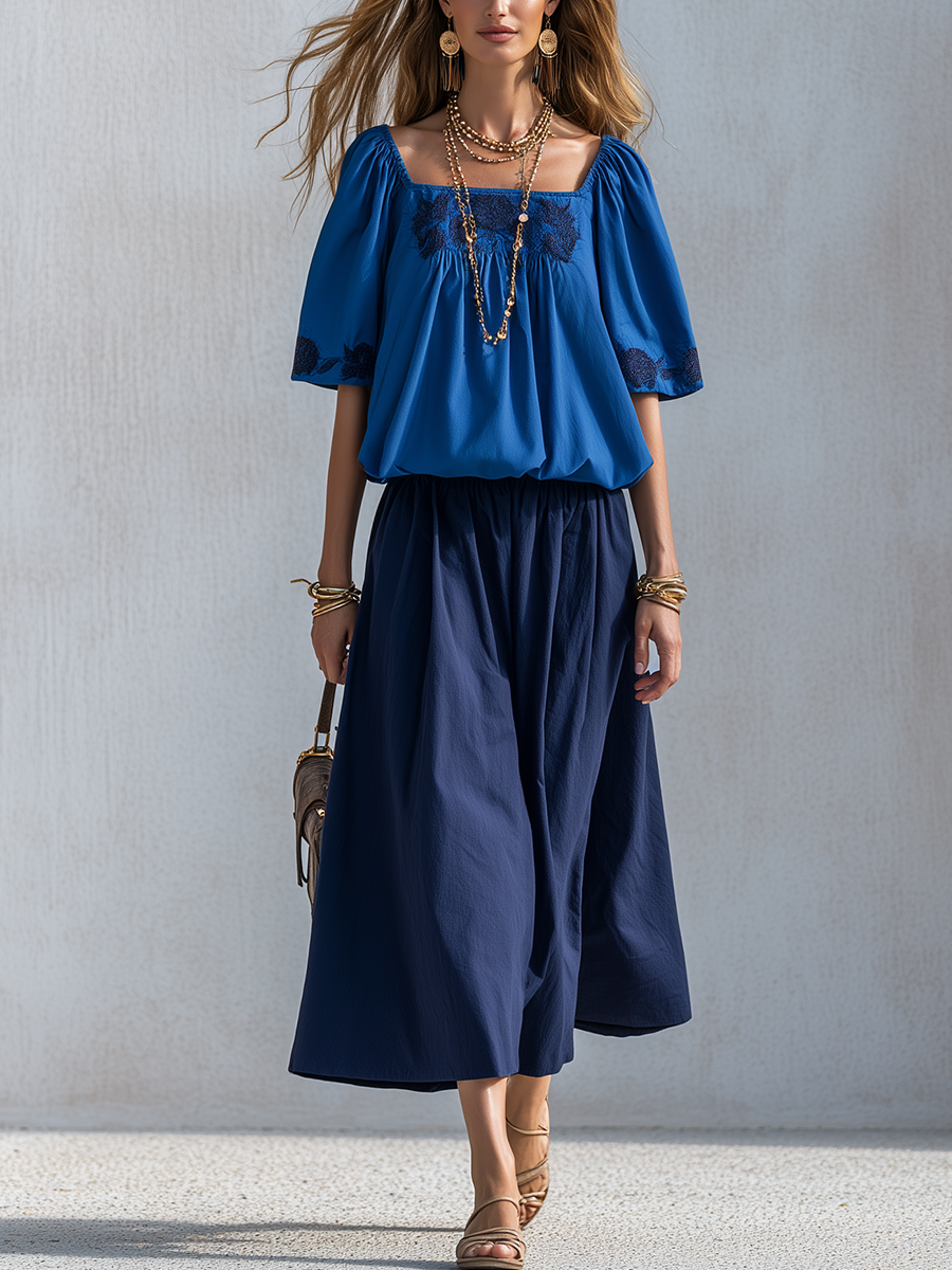 Bohemian Cotton Linen Blue Color-blocked Skirt Suit