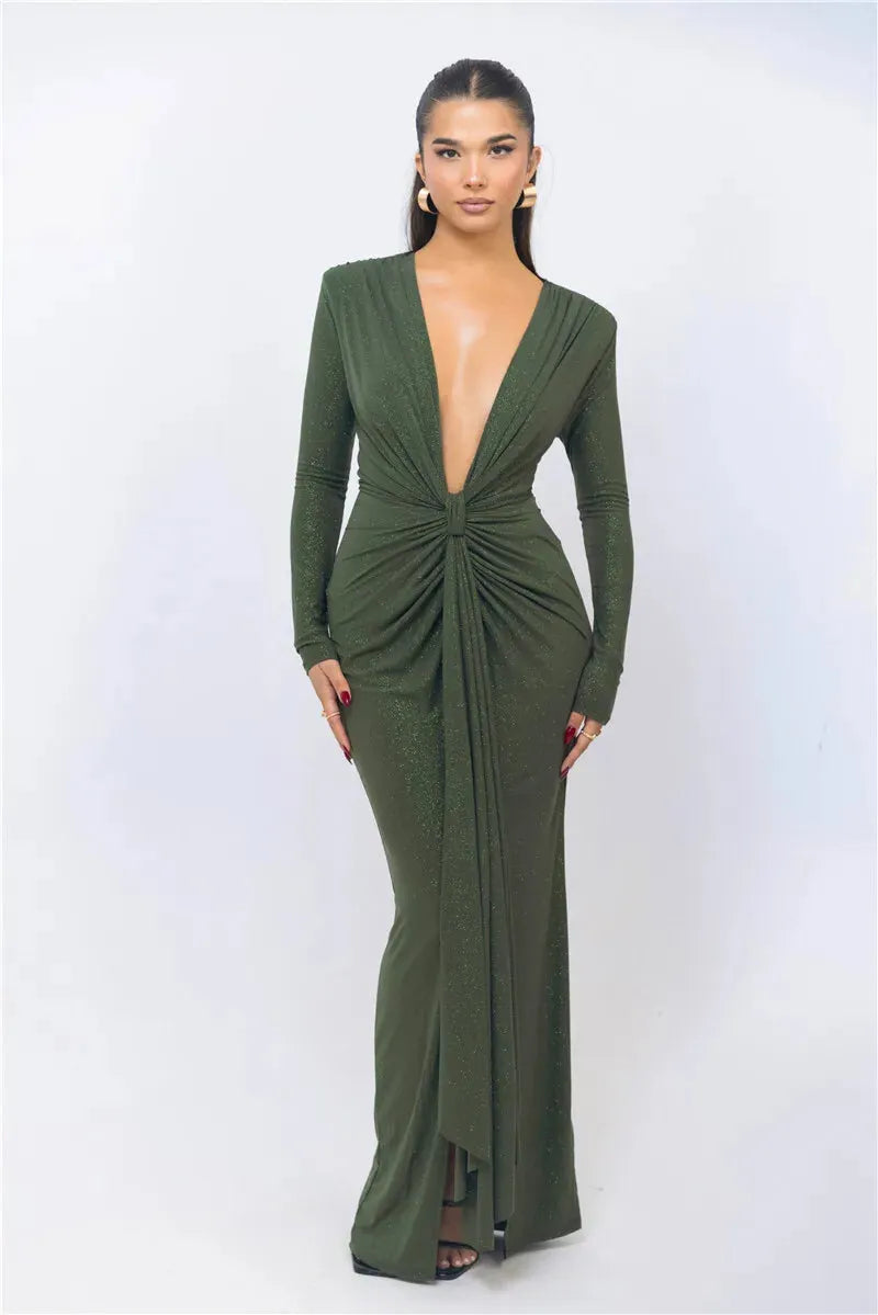 Elira Deep Plunge Glitter Maxi Dress – Long Sleeve Ruched Formal Gown for Special Occasions & Evening Glam