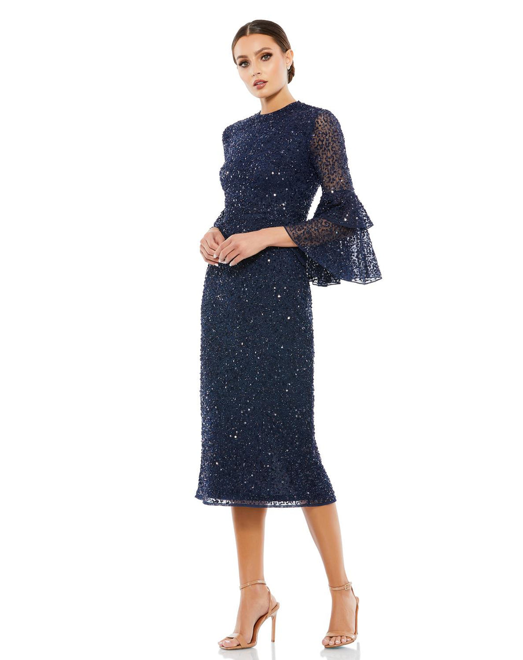 Fully Sequined Ruffle Tiered 3/4 Sleeve Midi Dress
