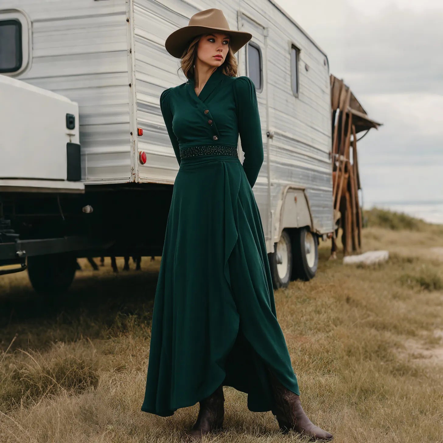 Women's Retro Western Style V-Neck Lapel Long Sleeve Maxi Dress