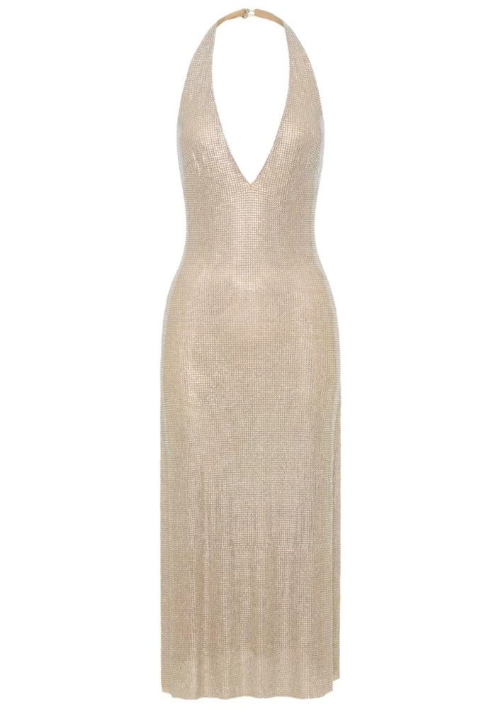 Halter Sparkly A Line Midi Dress Nude