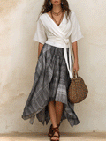 Bohemian Wrap-Style Resort White Top & Asymmetrical Plaid Midi Skirt Set