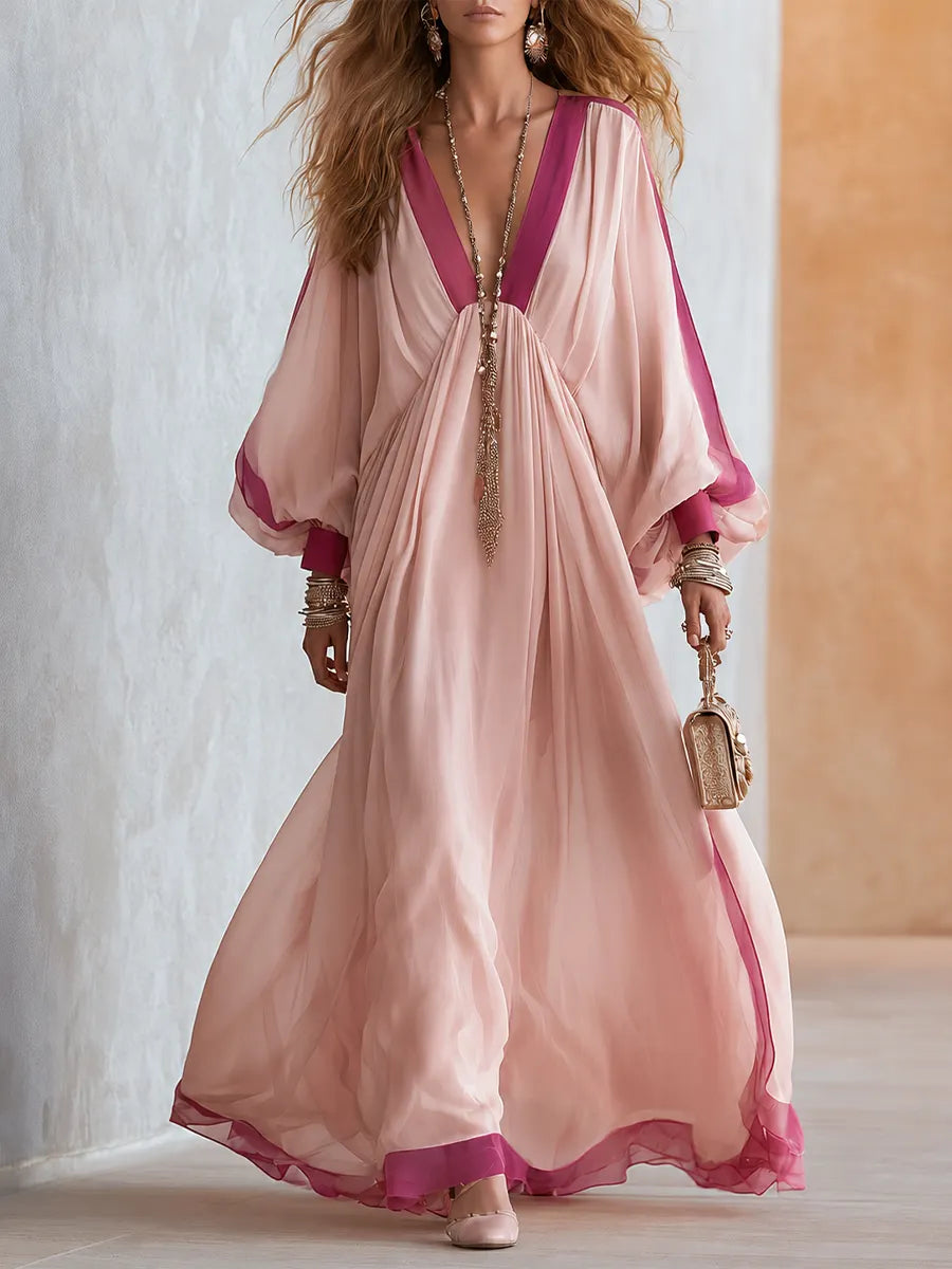 Bohemian Pink Color-blocked Maxi Dress